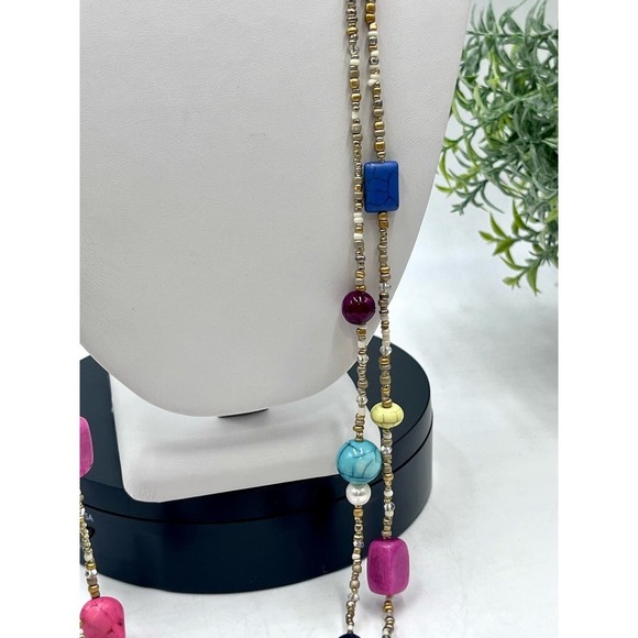CHICO'S Multi Color and Shapes Beaded Double Strand Matte Gold Tone Necklace - Picture 6 of 16